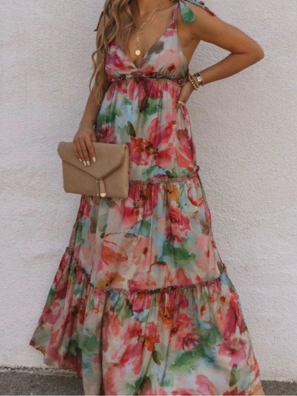 Tie-Shoulder Floral Maxi Dress in Multicolor